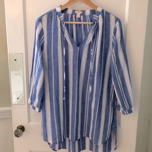 J Crew Women’s Medium Linen Popover Shirt w/ Band Collar in Blue & White Stripe
